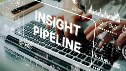 Fototapete - Innovative Technology and Data Analysis Concept with Insight Pipeline Graphic on Laptop Keyboard. Asymptotic smart data analytic.