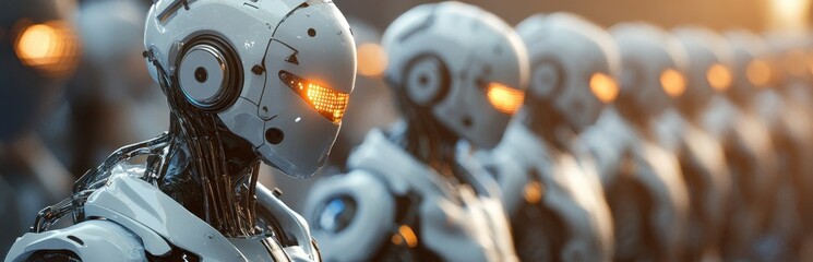 Poster - A striking image of futuristic robots lined up in a modern factory, featuring intricate designs and soft glowing lights that create a captivating atmosphere.