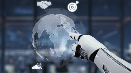 Poster - A robotic hand points at a digital globe surrounded by business-related icons in a sleek modern office, symbolizing the intersection of technology and global commerce. Auvana