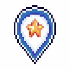 Poster - Pixelated blue location pin with golden star at center retro digital game symbol, map navigation icon, achievement concept