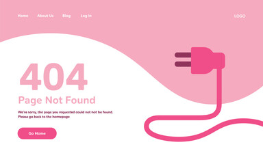 404 error webpage template featuring pink plug illustration, minimal UI design, page not found alert and go home button layout