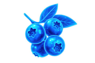 Poster - Glowing neon blueberries clustered together, transparent background highlighting luminous fruits and green leaves with vibrant color palette