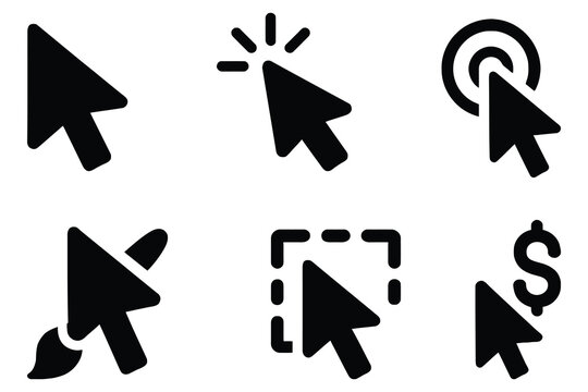 Collection of six black computer mouse pointer icons isolated on white background