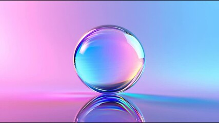 Poster - Vibrant crystal ball vibrates, creating ripples on a smooth, reflective surface, showcasing a mesmerizing interplay of light, color, and motion with an iridescent effect