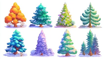 Wall Mural - winter colorful cartoon christmas tree vector set, no logos, no brands