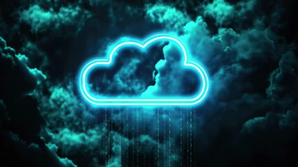 Poster - Glowing blue weather icon of cloud under an overcast sky with rainfall on a dark background, Neon glowing blue overcast weather icon in black background