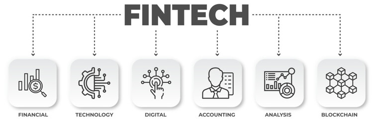 Poster - Fintech solutions and innovation in finance, technology, and digital economy represented with financial icons
