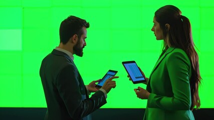 Poster - Business professionals using tablets in front of a green screen wall for presentations or video production, 3D Video Wall Green Screen Business People Smart Phone Tablet Technology
