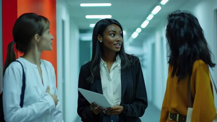 Poster - Multiethnic women discussing ideas during break in a modern office hallway, Multiethnic women colleagues talking during break in office hallway
