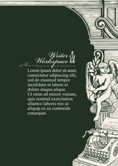 Poster - Vector banner on the theme of writers with space for text. Workplace, library. Vintage page with hand-drawn typewriter, ink pen, antique architecture and sitting angel. Book page, magazine, logo.No Ai