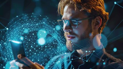 Poster - Caucasian man engaged with smartphone surrounded by network connections and a digital globe at nighttime, network of connections and globe over caucasian man using smartphone