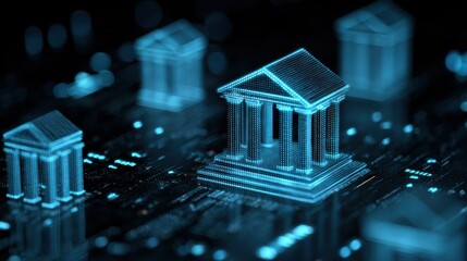 Poster - Creative wide online banking hologram on dark background. Technology, fintech and finance concept. 3D Rendering, no logos, no brands