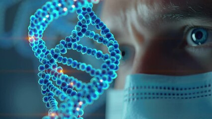 Poster - Exploring data processing in genetic research with DNA strands over a scientist's face, data processing and dna strands over caucasian male surgeon with face mask