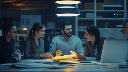 Poster - Business team collaborates on new project during evening meeting in office, business team working on a new project Slow motion 60fps