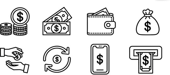 Fototapete - Simple Black Line Art Illustrations of Money and Financial Transactions