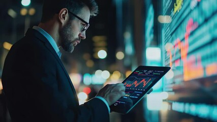 Poster - Trader analyzes market data using digital tablet in financial district at night, trader looking at the screen of a digital tablet