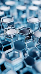 Poster - Close-up macro view of a modern 3D abstract honeycomb pattern in shades of cool blue and metallic silver with blurred depth of field effect