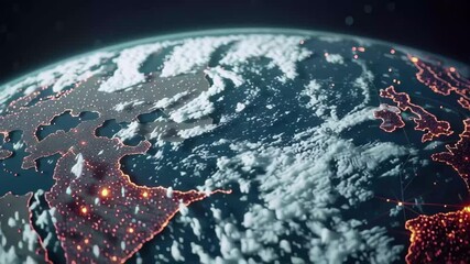  - Digital data processing and global connections illuminated from space, network of connections and digital data processing over globe