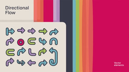 Poster - Collection of colorful modern directional arrows and symbols indicating movement and progress on a vibrant abstract background