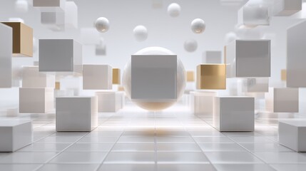Poster - modern minimalist futuristic background with cube and ball shapes in 3D rendering, geometric, illustration
