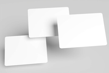 Poster - 3D rendering mockup, business card, playing card, floating style. three white blank cards with rounded corners, placed overlapping on a light gray surface. isolated on a soft background