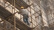 © Johannes - A construction worker assembling scaffolding around a historical building for restoration work, Restoration scaffolding scene, Historical preservation style
