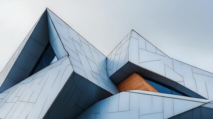 Poster - Abstract architectural design with geometric shapes in silver and orange color, modern exterior with triangular structures and a cloudy sky background