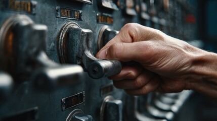 Poster - Hand on Industrial Lever Control Panel. Close-up of hand gripping mechanical levers on industrial machine, symbolizing engineering, control, and machinery.