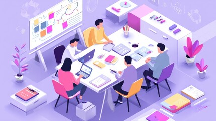 Poster - Tiny business people team at table brainstorming, sharing ideas. Productive team communication, efficient collaboration, open space office concept. Isometric 3D website app landing web page template,