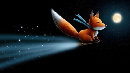 Poster - Animated fox floating on a board in the night sky with a full moon and a trail of stars
