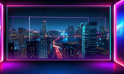 Poster - Neon-lit room with a city skyline view at night