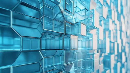 Leinwandbilder - Abstract 3D rendering of a geometric structure with reflective surfaces and a gradient color scheme. Focus on blue and white hexagonal forms and blurred background.