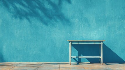 Poster - Empty table on blue texture wall with organic shadow.