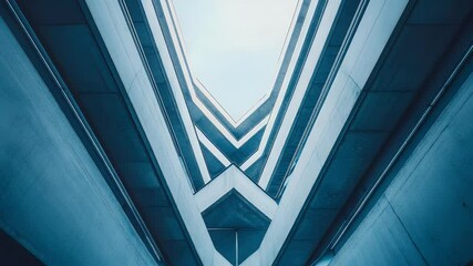 Poster - Abstract architectural shot featuring symmetrical concrete structures in shades of blue with upward perspective and converging lines in a cool toned lighting