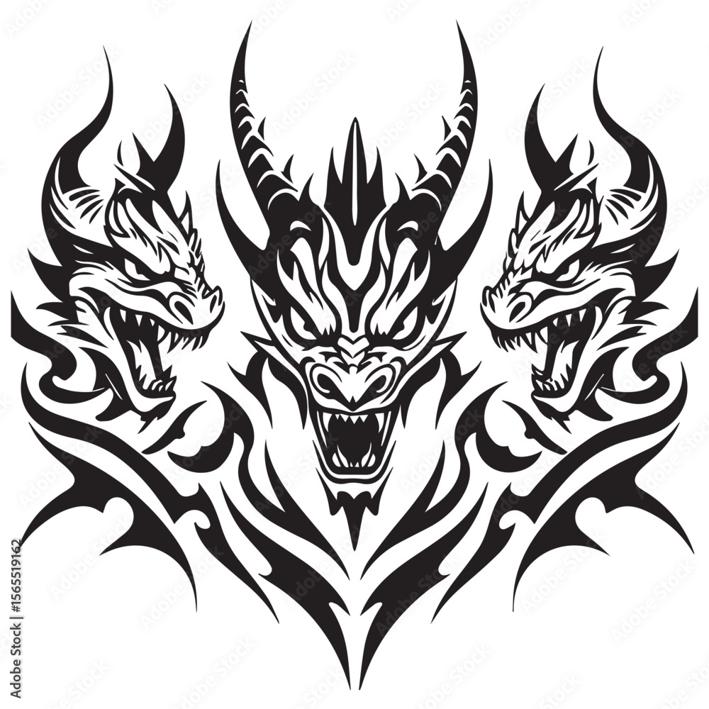 Three fierce black tribal dragon heads with sharp teeth and horns on a ...