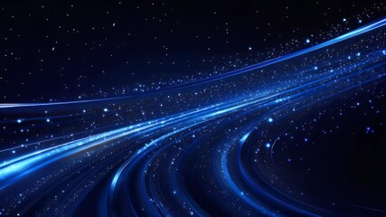 Poster - Abstract blue light trails and sparkling particles. Dark background creates a sense of depth and cosmic movement. Visualizes energy flow and technological advancement.
