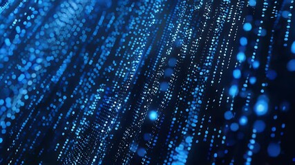 Poster - Abstract blue digital data stream flowing downwards with bokeh effect and particles, creating a futuristic and technological visual.