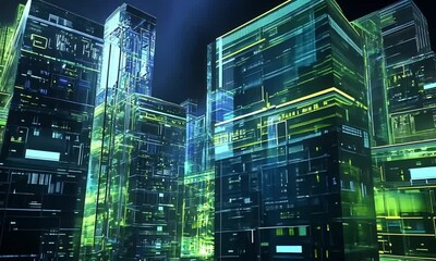 Poster - Futuristic cityscape of glowing, digital skyscrapers