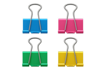 Poster - Colorful binder clips clustered together, spreading across transparent surface with vivid hues and sharp metallic details