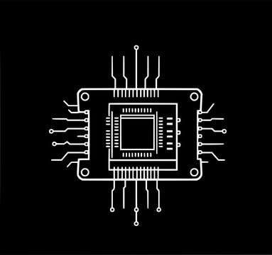 Microchip Circuitry: A minimalist line art illustration depicts a microchip's intricate design, showcasing its technological complexity on a black background.
