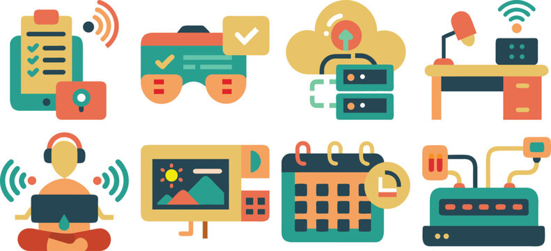 Vector art of a set of colorful technology icons isolated on transparent background.