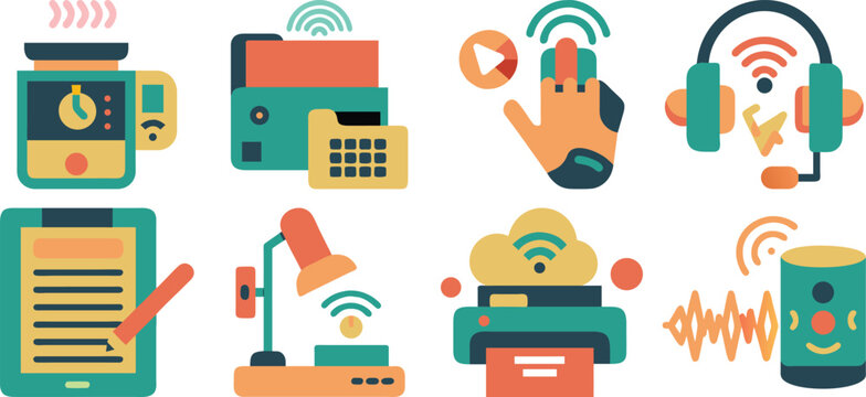 Vector art of a set of colorful office and technology icons isolated on transparent background.