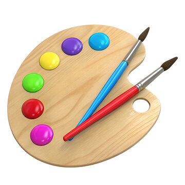 Wooden art palette with paints and es 3d rendering