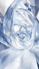 Poster - Abstract 3D rendering of flowing light blue and white ribbon structures creating a dynamic visual effect against a background of fractured surfaces