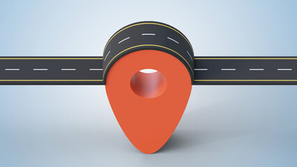 Poster - Asphalt road with map pointer on soft blue background.  Road on the red map pin. Concept of logistics, traffic, navigation and transportation.