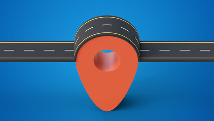 Poster - Asphalt road with map pointer on blue background.  Road on the red map pin. Concept of logistics, traffic, navigation and transportation.