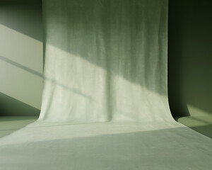 Poster - Sunlight illuminates a green fabric studio backdrop