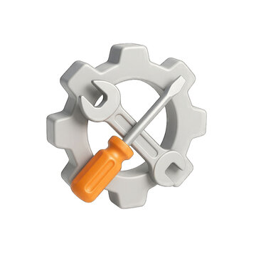 A 3d rendered icon featuring a white gear with a silver wrench and an orange handled screwdriver crossed over it on a black background