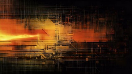Poster - Abstract digital art with a vibrant orange wave over a matrix-like grid structure. Dark background enhances the glowing energy lines. Highlighting technology and innovation.
