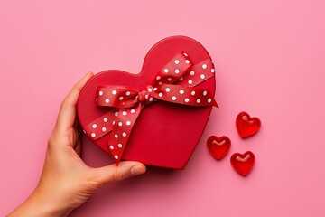 Poster - hand holding red heart-shaped box of chocolates with bow on top, surrounded by three smaller hearts.